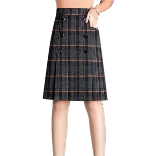 2021 Fashion Women Plaid Skirt Spring Double-Breasted Plus Size High Waist Pocket Zipper Woolen Cloth A-Line Short Skirts KW1095