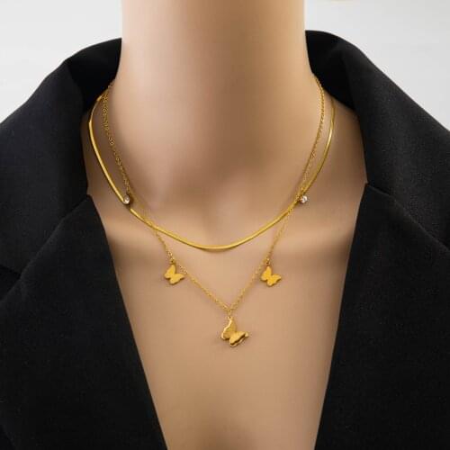 316L Stainless Steel New Fashion Upscale Jewelry 2 Layer Matte Butterfly Zircon Charms Chain Choker Necklaces Pendants For Women