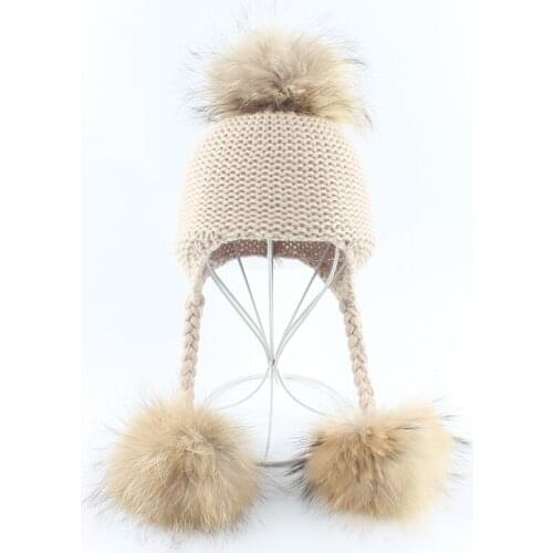 BABY Real Fur Pompom Knitted Beanies Winter Warm Hats For Fids Natural Fur Ball Caps Children Ear Cap