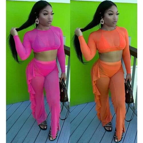 Echoine See Through Sheer Mesh Two Piece Set Ruffle Crop Top and Pants Sexy Party Clubwear Outfits Beach Vacation Matching Set