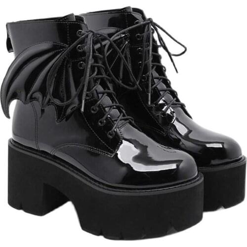 British Style Super High Thick Heel Short Boots Handsome Lace-Up Motorcycle Boots High Waterproof Platform Wings Patent Leather
