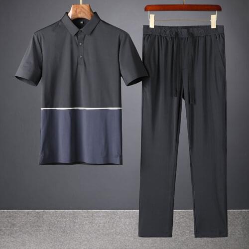 2021 summer high end color matching Lapel ice silk two piece suit mens ultra thin seamless pressing leisure sports suit