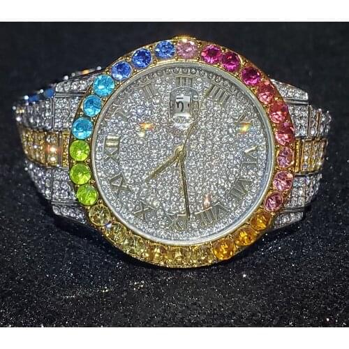MISSFOX Rainbow Diamond Man Watches Gold And Silver Roman Numerals Wristwatch Men Luxury Quartz Relógio Masculino Hiphop Party
