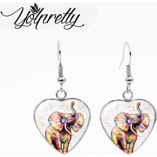 New Arrival Painted Elephants Colored Oil Paintings Heart Stainless Steel Fish Hook Earrings for Girls