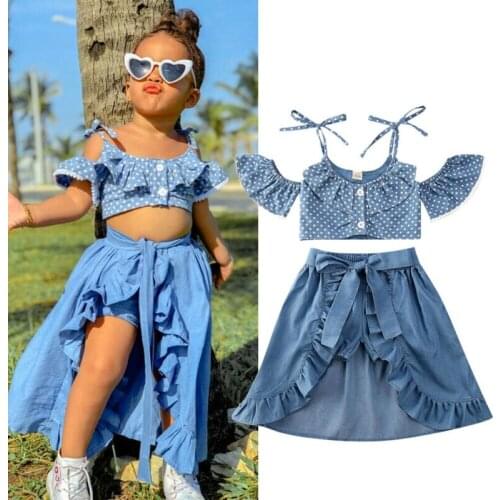 Toddler Girl Clothes Sets Summer Baby Kid Polka Dots Off Shoulder Tops+Ruffle Skirts+Shorts Clothes 3Pcs