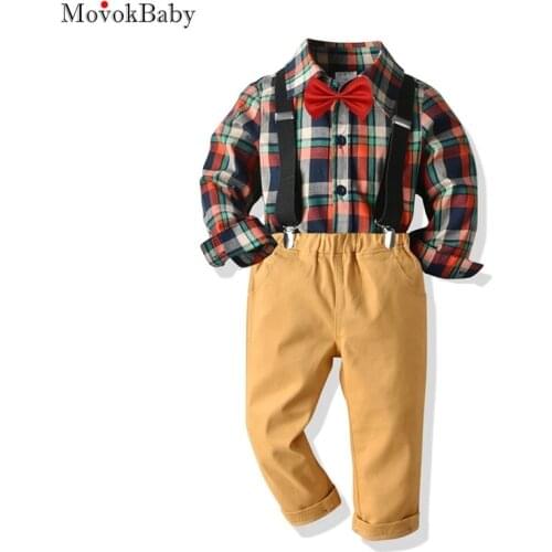 Baby Kids Boy Clothes Cotton Full Sleeve Plaid Shirt Bow Party Outfit Long Khaki Pants Children Boys Suit For 12 3 4 5 6 7 Years