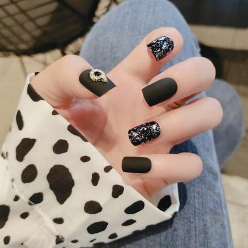 24Pcs/Set Starry Night Black Matte Fake Nail Patch Glue Type Removable Mid Length Paragraph Fashion Manicure DIY Nail Art Tools