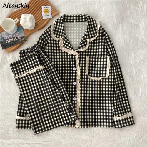 Pajama Set Women Plaid Long Sleeve Sleepwear Pocket Full-length Trousers Kawaii Japanese Style Two Piece Spring Homewear Loose