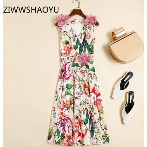 ZIWWSHAOYU Summer Female Sleeveless Vest Dress Runway Designer Women V-Neck Floral Print Appliques Elegant Vintage Midi Dresses