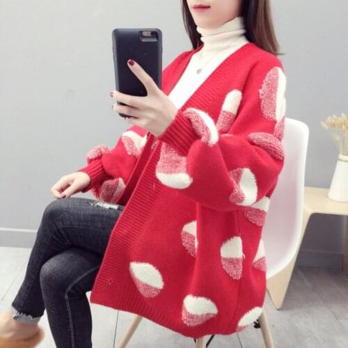 Plus Size Women Knitted Sweater Cardigan Tops Polka Dot Loose Sweaters Autumn 2021 Casual Lady Long Sleeve Knitwear Winter New