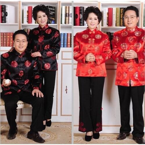 Long Sleeve Middle Aged Men Chinese Tang Tops Ancient Men Grandparents Birthday Tops Red Wedding Clothing New Year Jacket 90