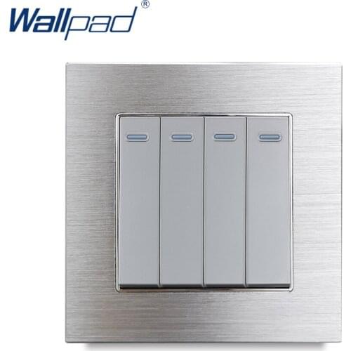 Silver 4 Gang 1 Way Electric Light Switches Wallpad Luxury Push Button Wall Switch Satin Metal Panel Rocker Switches