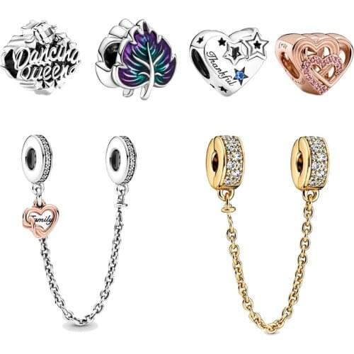 Heart Stars Family Heart Safety Charms 925 Original Fit Pandora Bracelet 100% Sterling Silver Beads for Jewelry Making DIY Women