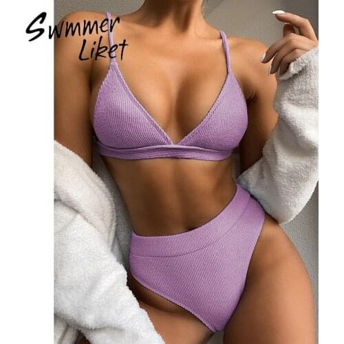 Triangle swimsuit women High waist swimwear Ribbed bikini 2020 Brazilian bathing suit String swim suit female two piece suit new