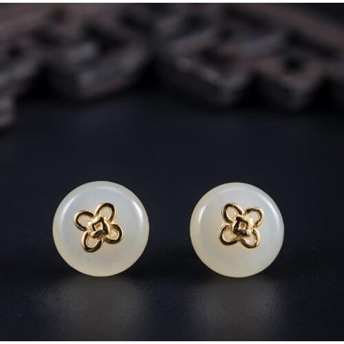 VLA 925 Sterling Silver Ethnic Design Nephrite Gold Plated Flower Earrings Womens Creative Chinese Knot Jewelry Accessories
