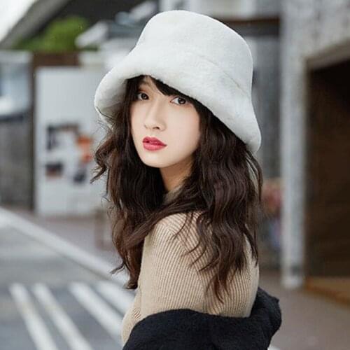 Ladies High Quality Plush Faux Fur Wide Brim Thick Warm Bucket Cap Women Casual Solid Color Hat For Female