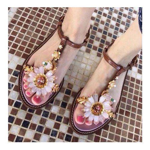Sweet lady leather T-belt flat diamond sandals crystal sun flower flat roman beach sandal
