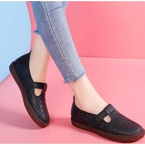 2019 Summer Women Flats T Strap Shoes Hollow Out Woman Shoes White Cut Outs Flat Shoes Black Ladies Oxford Shoes Sneakers 7458L