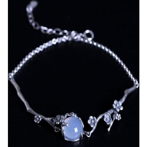 925 Sterling Silver Handmade Plum Blossom Bracelet Embedded With Literary Chalcedony For Old Flowers Ladys Bracelet Accessories