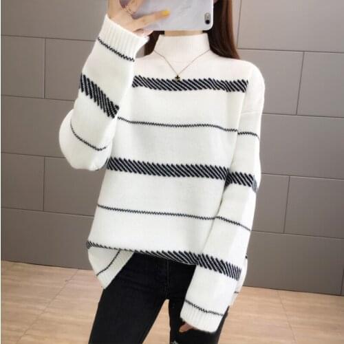Warm Stripe Long Sleeve Pull Femme Knitted Sweater Pullover Fashion New 2019 Loose Sueter Mujer Female Jumper Women Winter