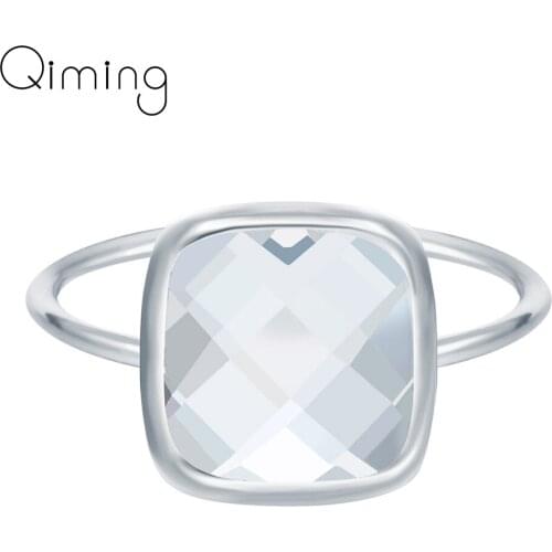 Fashion Jewelry Sweet Clear Austrian Crystal Square Ring for Women Girls Chirstmas Party Engagement Wedding Gift