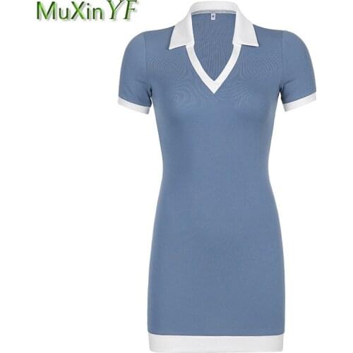 Lady Summer Sheath Mini Blue Dress Women Graceful Slim Polo Neck Short Sleeve Patchwork Dresses Fashion Black Streetwear Female