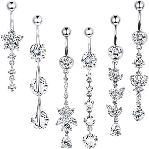 1PC Zircon Navel Rings CZ Crystal Dangle Belly Piercing 316L Surgical Steel Barbell Belly Button Ring 14G Sexy Piercings Jewelry