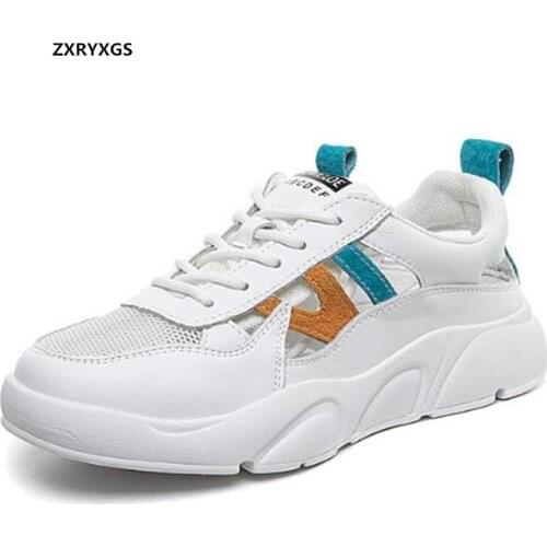 2021 New Round Toe Cowhide Mesh Stitching Spell Colors Summer Casual Sneakers Women Sandals Flat Casual Sandals Trendy Shoes