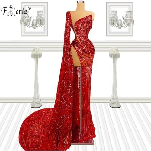 3 Designs Sexy Long Evening Dresses Mermaid Slit See Through Sequin Black Girl Red Gala Prom Dress Formal Robe de soiree