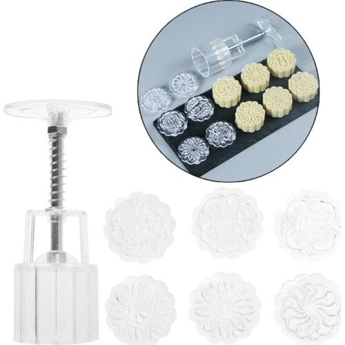 6 Flower Stamps Moon Cake Mould Transparent Round Mooncake Mold Baking Decor 50g 896A