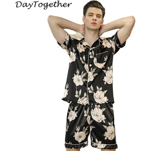 Satin Pajamas Printed Black Pajamas Summer Mens Short Sleeve Tops Shorts Homme two-piece Suit