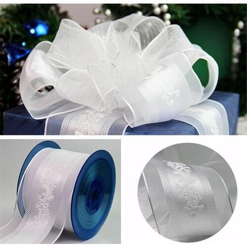 63MM X 25 Yards White Organza With Flower Printing Wire Edge Ribbon for Birthday Decoration Gift Wrapping 2-1/2"