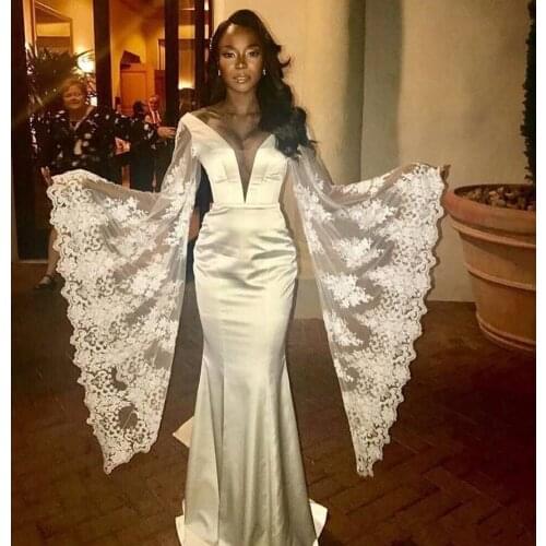 Elegant Mermaid Lace Wedding Dresses Sheer Deep V-Neck Bridal Gowns Long Sleeves Applique Cheap Trumpet Satin Reception Dress