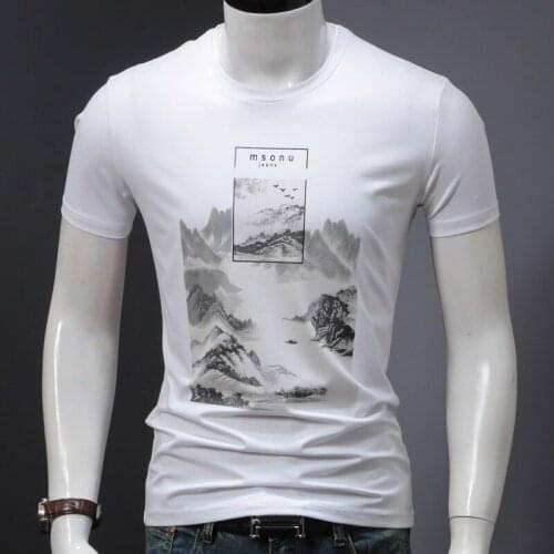 Landscape Painting Graphic T Shirts Men Slim Fit White T-Shirts Mens O-Neck Short Sleeve Tshirt Cotton Stretch Top Tees S-4XL