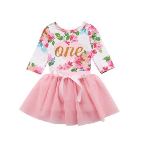 Cotton Infant Baby Girls Flower Long Sleeve Romper Tops+Tulle dress 2PCS Outfits Set Size 0-24M