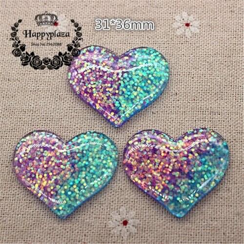 10pcs Kawaii Resin Glitter Blue And Purple Heart Flatback Cabochon Art Supply Decoration Charm Craft DIY Accessories,31*36mm