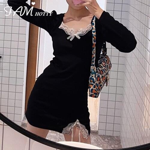 Y2k Lace Split Patchwork Mini Dress Women Cute Korean Fashion Streetwear Long Sleeve Bodycon Slim Aesthetic Dresses 2021IAMHOTTY