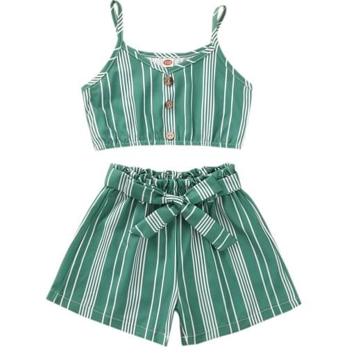 3-6Years Girl’s Summer Two Piece Set Fashion Stripe Button Suspender Tops and Bandage Short Pants