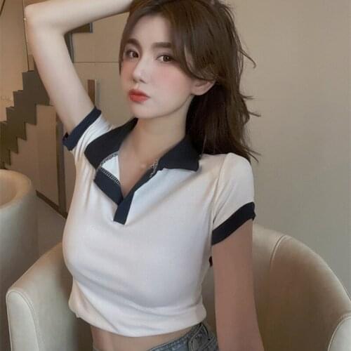 DAXIN Summer Women Tee Shirt Patchwork Casual Slim Tops Female Exposed Navel Short Sleeve T-Shirt Female Crop Top Ladies Shirt