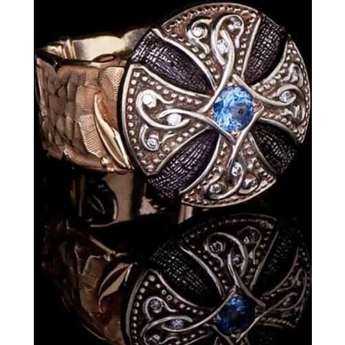 Megin D Gold Plated Blue 1 Carat Crystal Carved Cross Flower Vintage Boho Rings for Women Couple Friends Gift Fashion Jewelry An