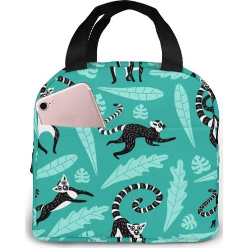 Cute Lemurs And Leaves Lunch Food Box Bag Insulated Thermal Food Picnic Lunch Bag for Women kids Men Cooler Tote Bag