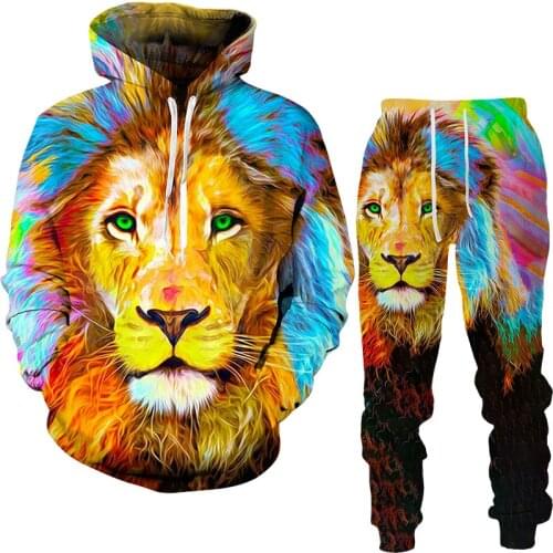 Autumn Tracksuit Mens Digital 3D Lion King Print Mens Hoodie Long-Sleeved sweater + Pants Sets Mens Sportswear Mens Suit
