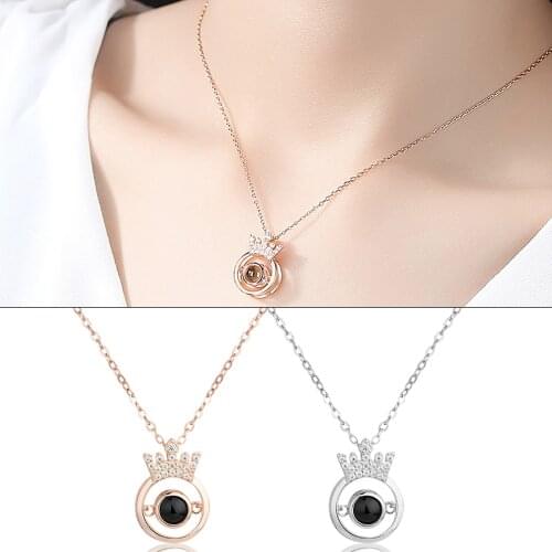 Rhinestone Crown 100 Languages I Love You Projection Pendant Necklace Women Jewelry Gift Wedding Necklace Valentines Day Choker
