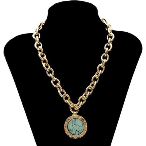 Punk Heavy Gold Color Chain Necklace for Women Fashion Marble Texture Round Pendant Necklaces Statement Party Jewelry XR2048