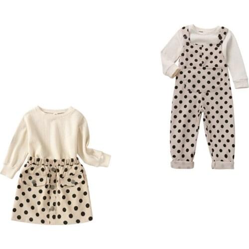 2Pcs Infant Casual Outfits, Girls Solid Color Long Sleeve O-Neck Ribbed Pullover + Dot Print Skirt/Overalls with Pocket 1-5Years