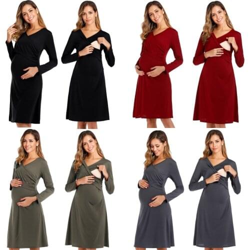 Maternity Casual Dress Long Sleeve Cross V-neck Long Sleeve Dresses For Pregnancy Women Breastfeeding Tops Clothes Plus Size