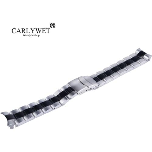 CARLYWET 22mm Sliver Black Stainless Steel Wrist Watch band Replacement Metal Watchband Bracelet Double Push Clasp For Seiko
