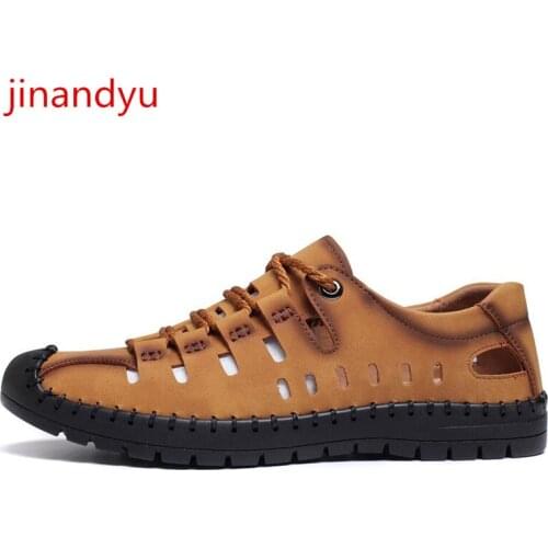 Hollow Out Leather Casual Shoes Men Summer Sandal Lace Up Fashion Shoes Mens Leather Sandle Black Sandals Mens Outdoor Non Slip