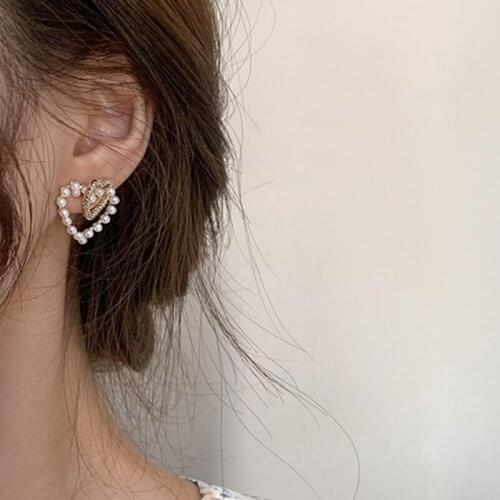 U-Magical Summer Double Layer Love Heart Dangle Earring for Women Rhinestone Imitation Pearl Metal Hollow Earring Jewellery