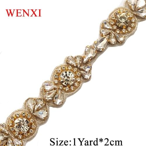 WENXI 1YARD Handmade Sewing Bridal Rose Gold Clear Crystal Rhinestone Applique Trim Iron On For wedding Dress Sash WX926